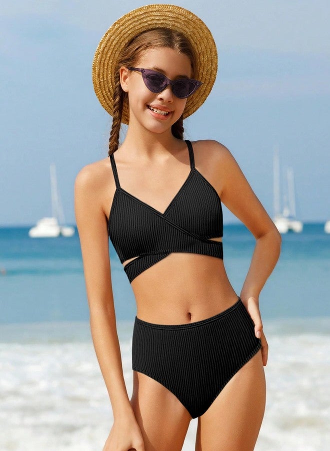 Aulyffo Girls Bathing Suit Size 10-12 Girl Swimsuit Two Piece Criss Cross Bikini V-Neck Adjustable Shoulder Straps Girls Swimwear Black - Image 3